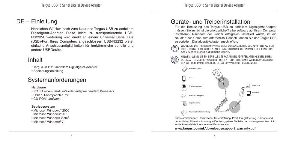 De – einleitung, Geräte- und treiberinstallation, Systemanforderungen | Inhalt, Targus usb to serial digital device adapter | Targus USB to Serial Digital Device Adapter User Manual | Page 4 / 9