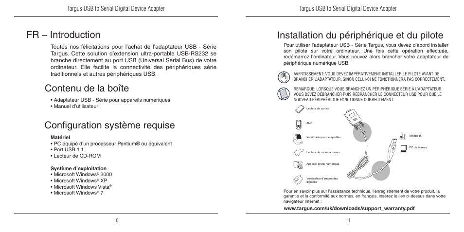 Fr – introduction, Installation du périphérique et du pilote, Configuration système requise | Contenu de la boîte, Targus usb to serial digital device adapter | Targus USB to Serial Digital Device Adapter User Manual | Page 6 / 9
