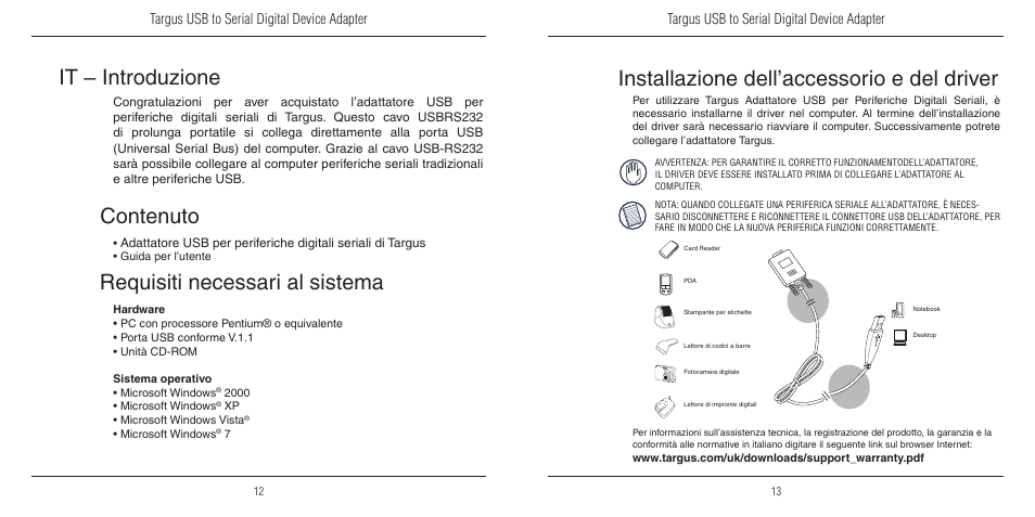Requisiti necessari al sistema, Contenuto, Targus usb to serial digital device adapter | Targus USB to Serial Digital Device Adapter User Manual | Page 7 / 9