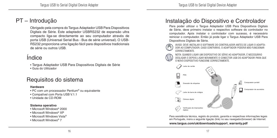 Pt – introdução, Instalação do dispositivo e controlador, Requisitos do sistema | Índice, Targus usb to serial digital device adapter | Targus USB to Serial Digital Device Adapter User Manual | Page 9 / 9