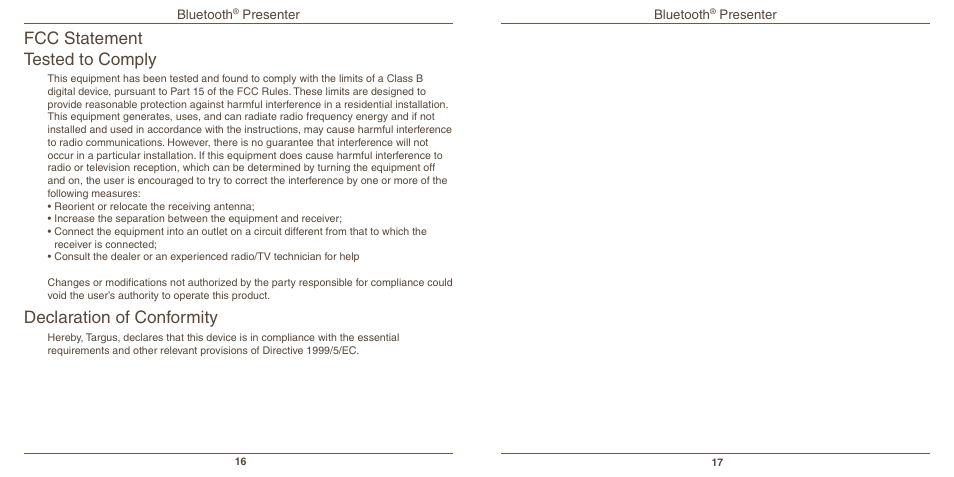 Fcc statement tested to comply, Declaration of conformity | Targus Mac AMP11 User Manual | Page 10 / 10