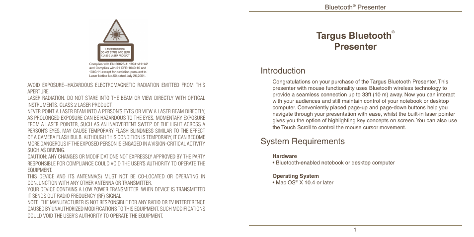 Targus bluetooth, Presenter, Introduction | System requirements | Targus Mac AMP11 User Manual | Page 2 / 10