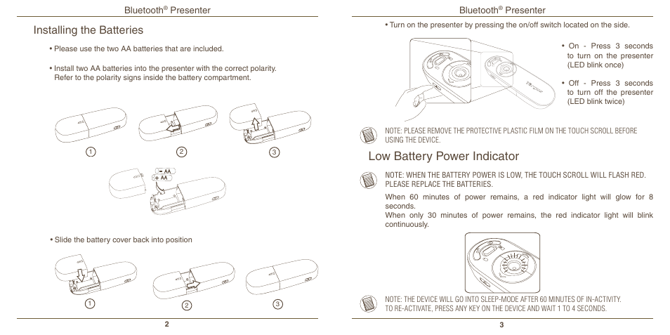 Low battery power indicator, Installing the batteries | Targus Mac AMP11 User Manual | Page 3 / 10