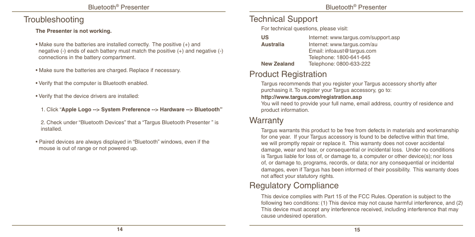 Troubleshooting, Technical support, Product registration | Warranty, Regulatory compliance | Targus Mac AMP11 User Manual | Page 9 / 10