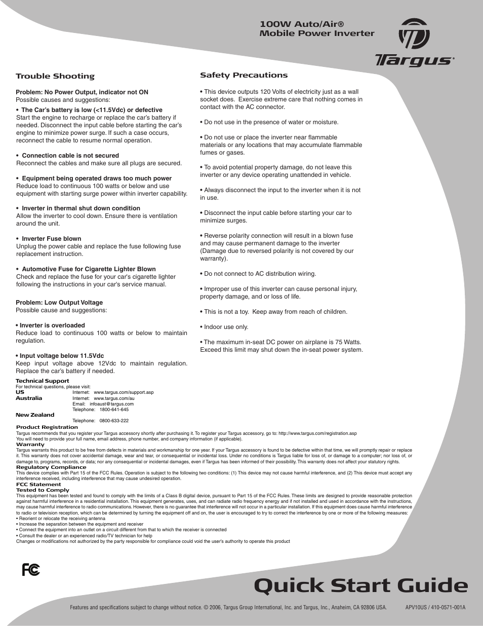 Quick start guide, 100w auto/air® mobile power inverter | Targus APV10US User Manual | Page 2 / 2