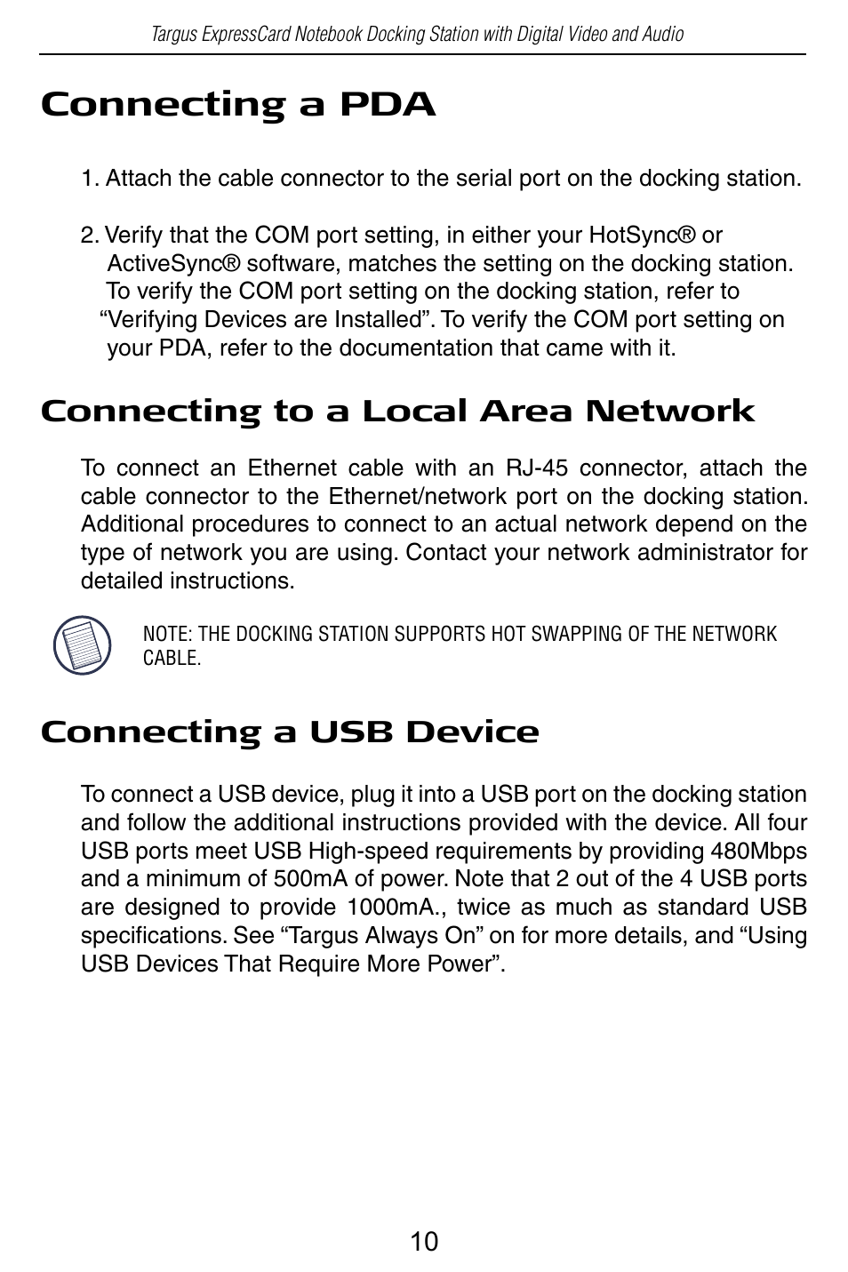 Connecting a pda, Connecting to a local area network, Connecting a usb device | Targus ACP60 User Manual | Page 11 / 23