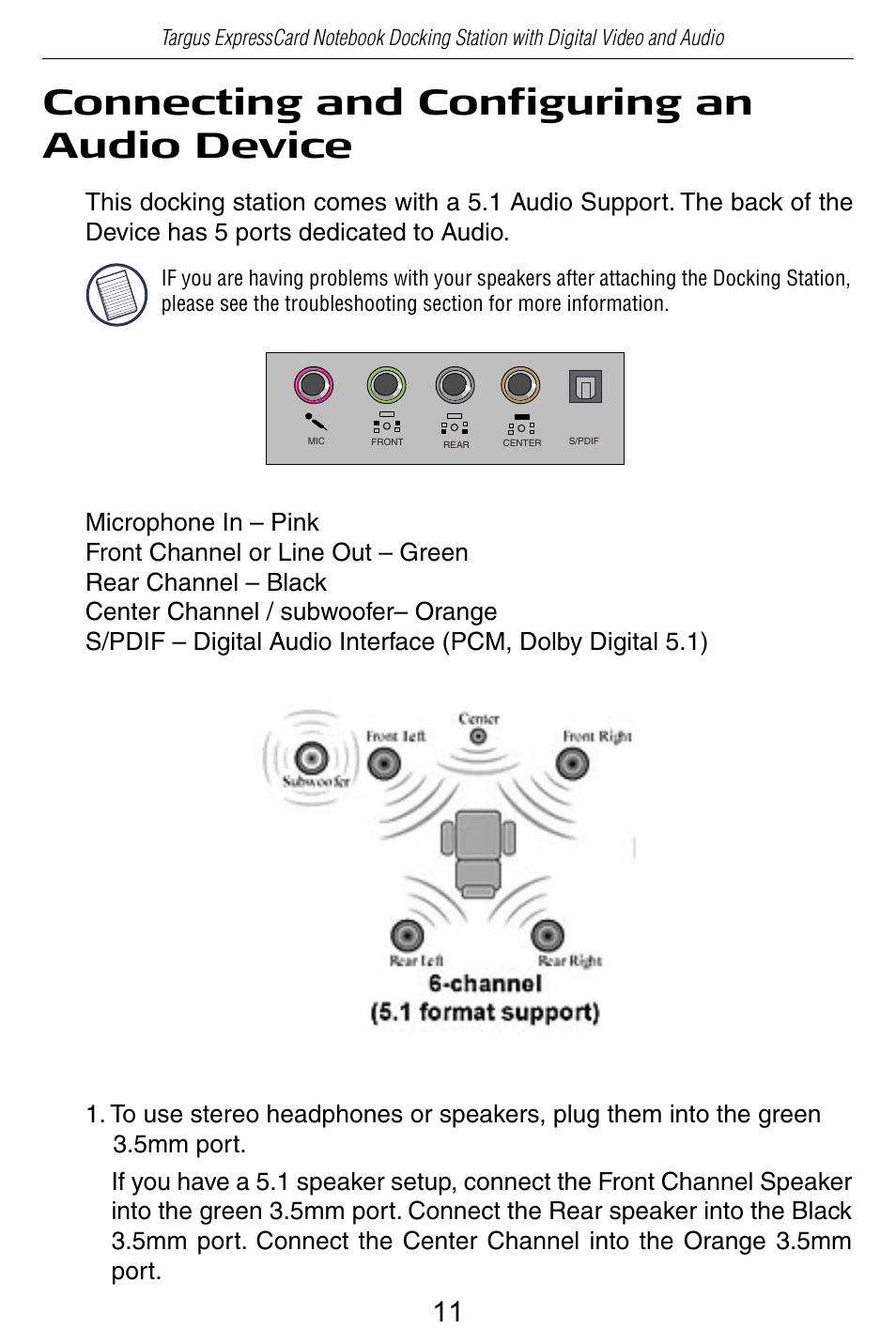 Connecting and configuring an audio device | Targus ACP60 User Manual | Page 12 / 23