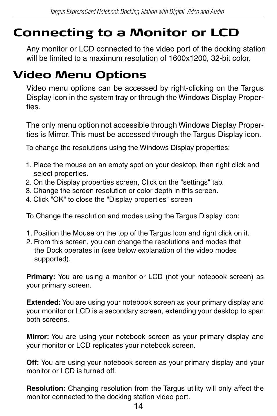 Connecting to a monitor or lcd, Video menu options | Targus ACP60 User Manual | Page 15 / 23