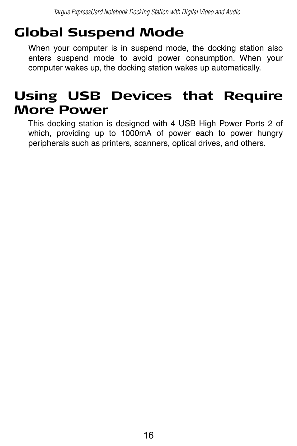 Global suspend mode, Targus always on, Using usb devices that require more power | Targus ACP60 User Manual | Page 17 / 23