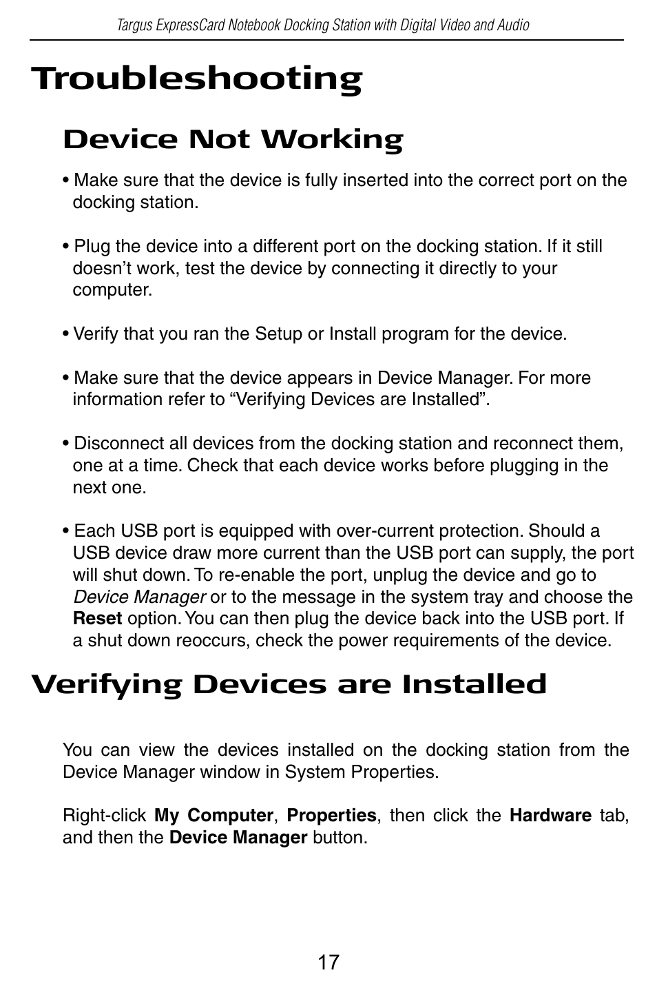 Troubleshooting, Device not working, Verifying devices are installed | Targus ACP60 User Manual | Page 18 / 23