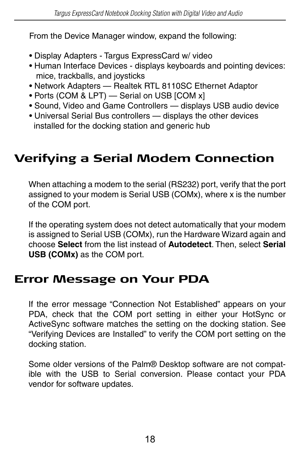 Verifying a serial modem connection, Error message on your pda | Targus ACP60 User Manual | Page 19 / 23