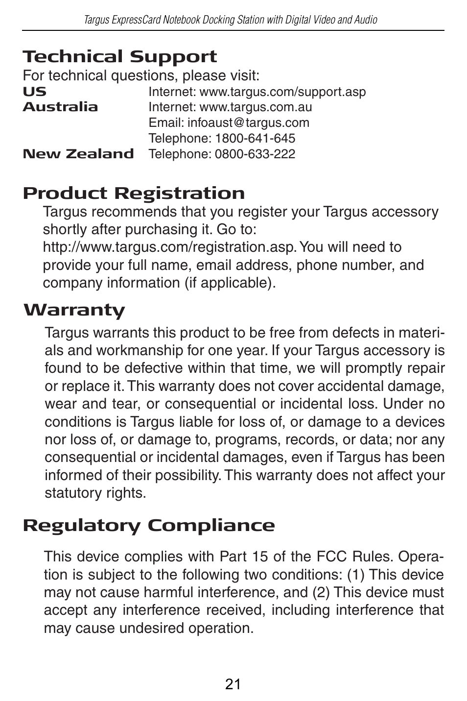 Technical support, Product registration, Regulatory compliance | Warranty | Targus ACP60 User Manual | Page 22 / 23