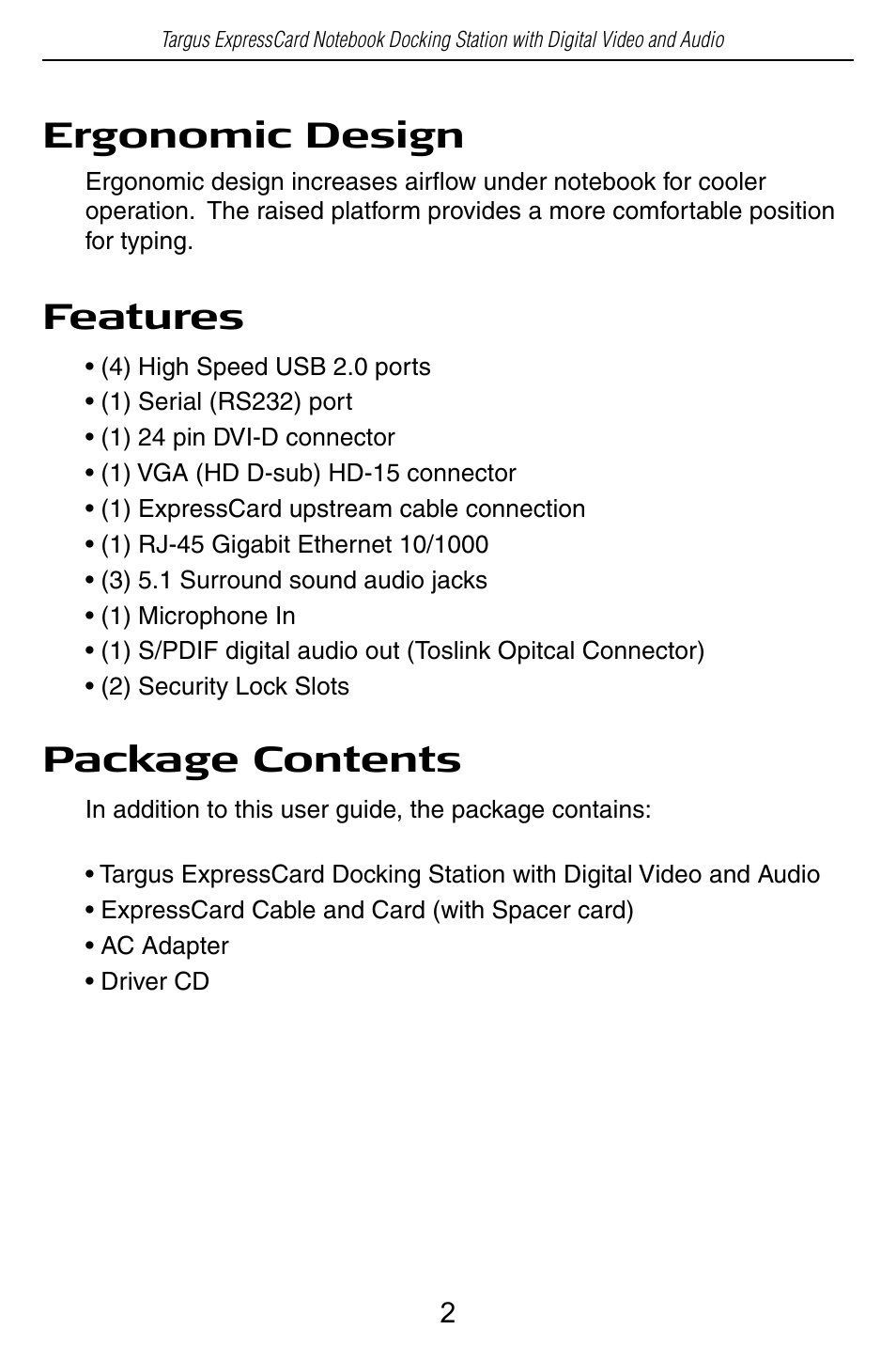 Ergonomic design, Features, Package contents | Targus ACP60 User Manual | Page 3 / 23