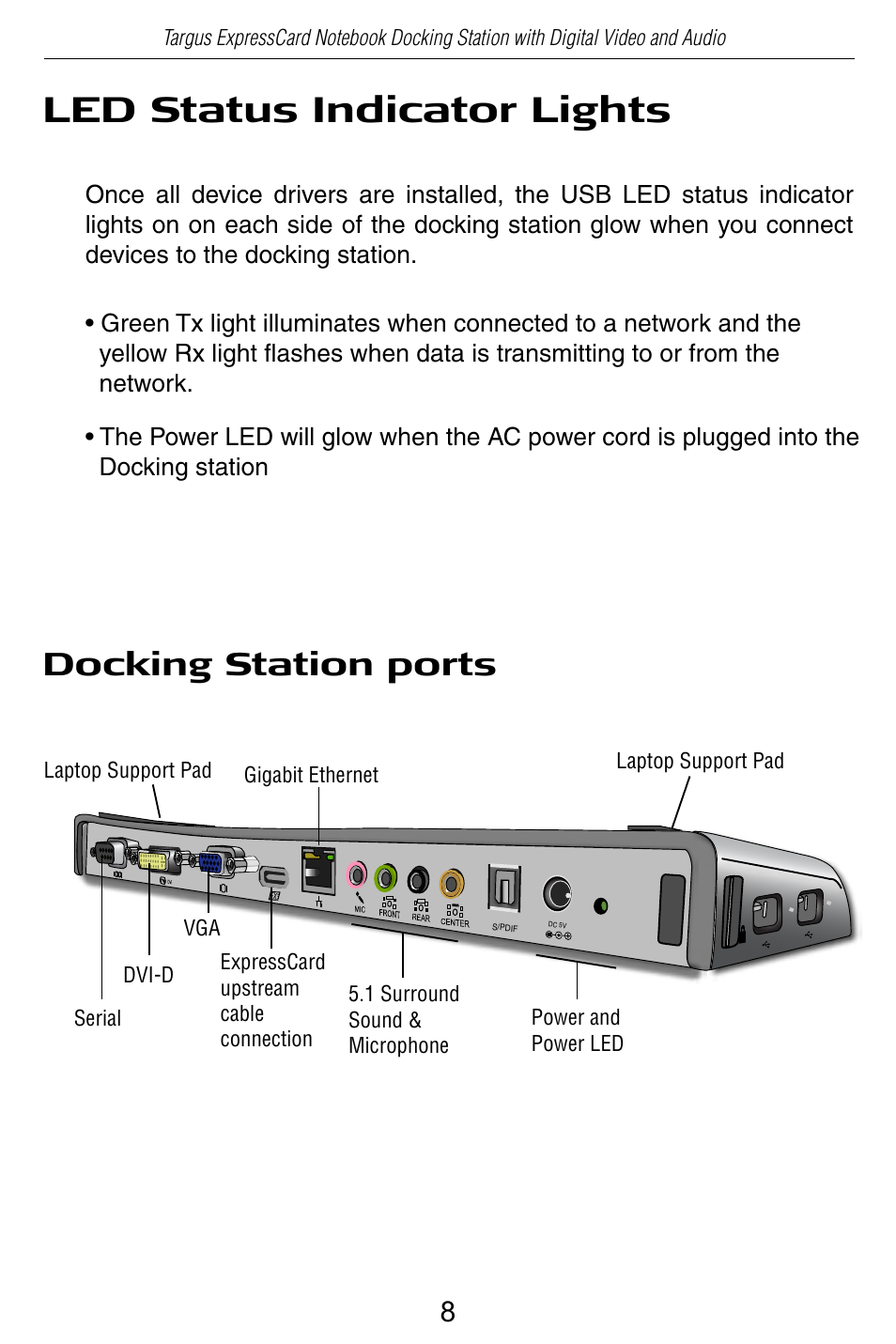 Led status indicator lights, Docking station ports | Targus ACP60 User Manual | Page 9 / 23