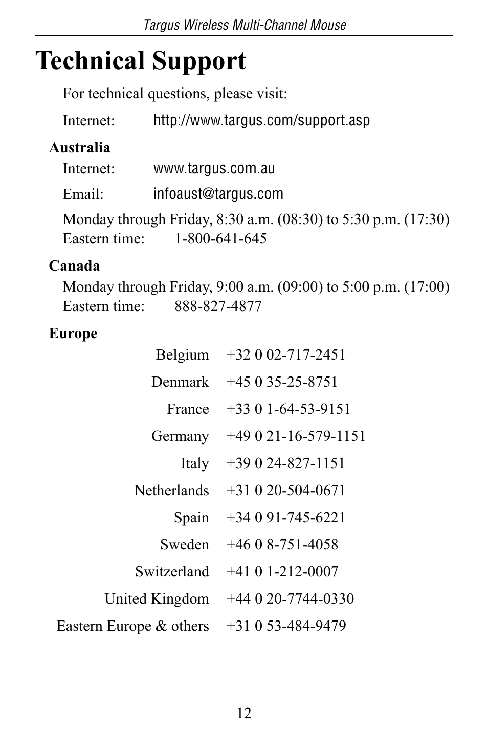 Technical support | Targus Multi-Channel Mouse User Manual | Page 12 / 15