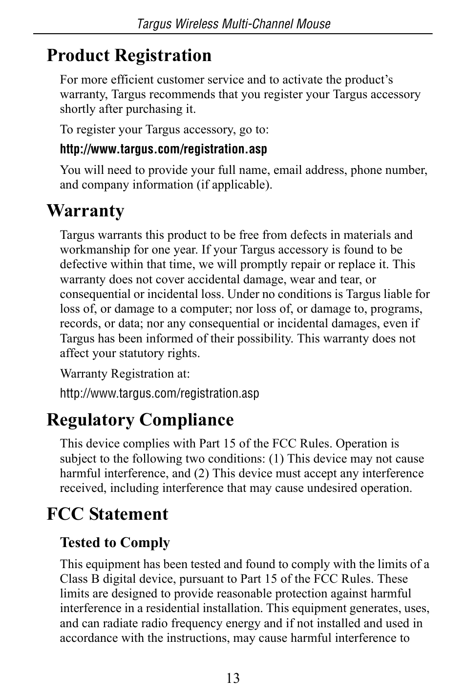 Product registration, Warranty, Regulatory compliance | Fcc statement | Targus Multi-Channel Mouse User Manual | Page 13 / 15