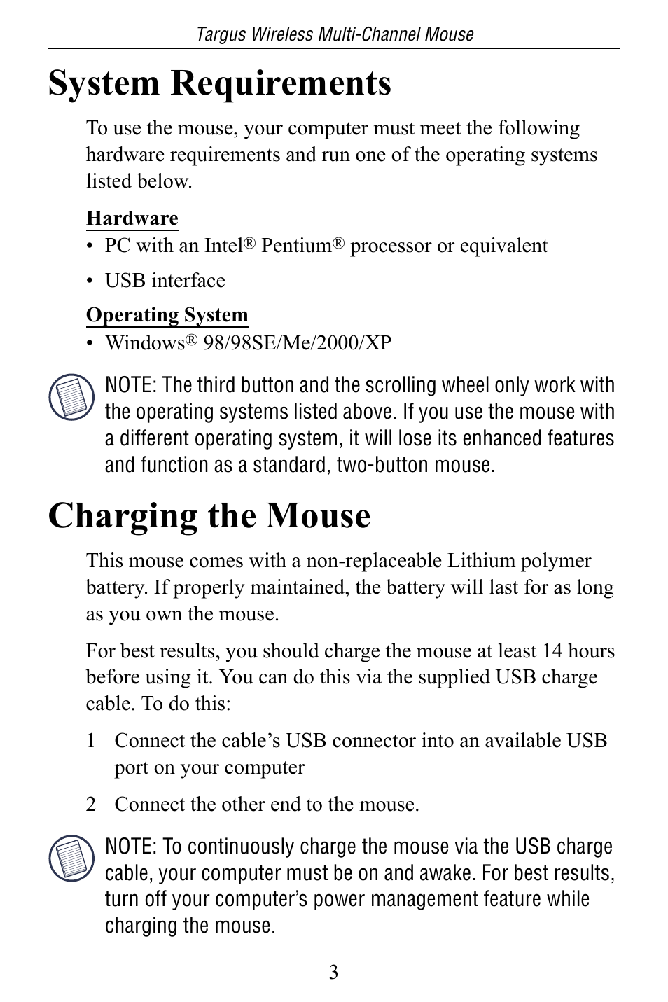 System requirements, Charging the mouse | Targus Multi-Channel Mouse User Manual | Page 3 / 15