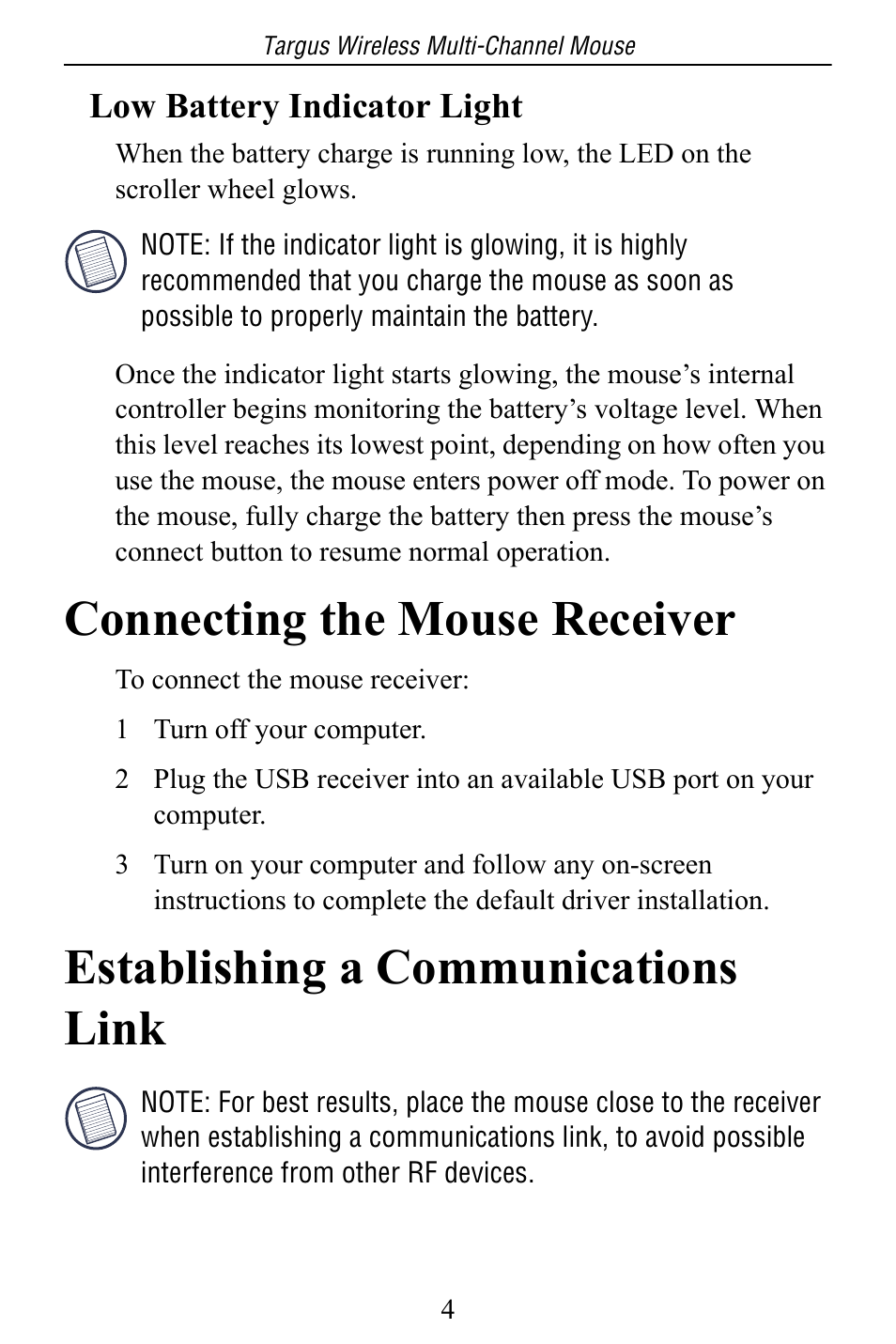 Connecting the mouse receiver, Establishing a communications link | Targus Multi-Channel Mouse User Manual | Page 4 / 15