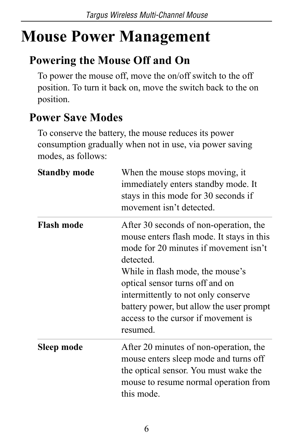 Mouse power management, Powering the mouse off and on, Power save modes | Targus Multi-Channel Mouse User Manual | Page 6 / 15