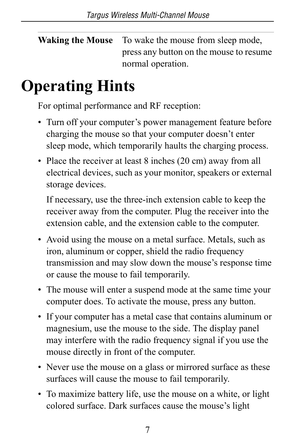 Operating hints | Targus Multi-Channel Mouse User Manual | Page 7 / 15