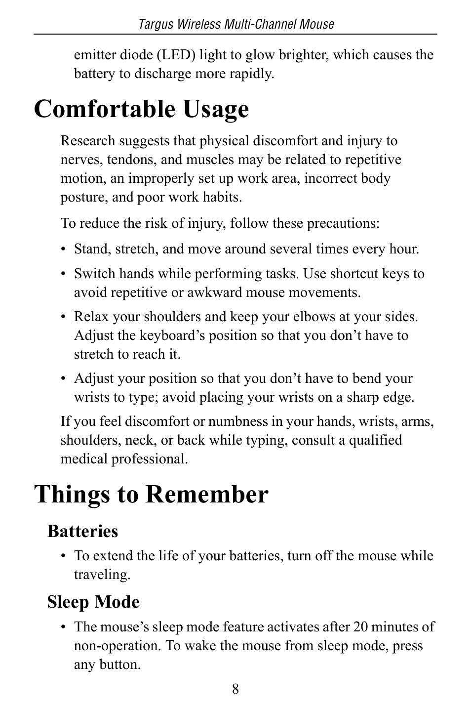 Comfortable usage, Things to remember, Batteries | Sleep mode | Targus Multi-Channel Mouse User Manual | Page 8 / 15