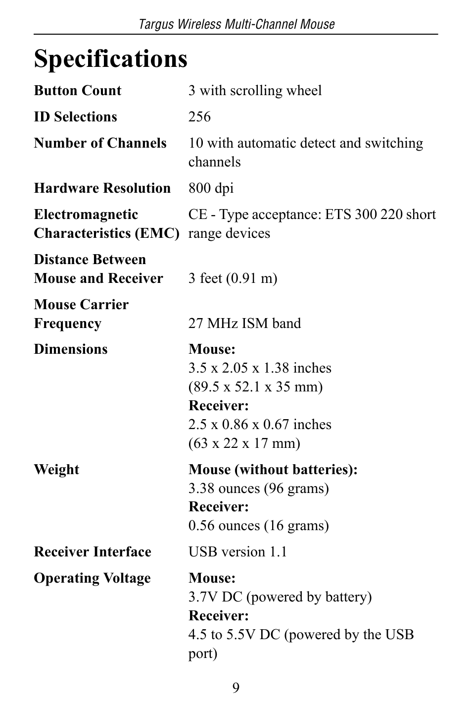 Specifications | Targus Multi-Channel Mouse User Manual | Page 9 / 15