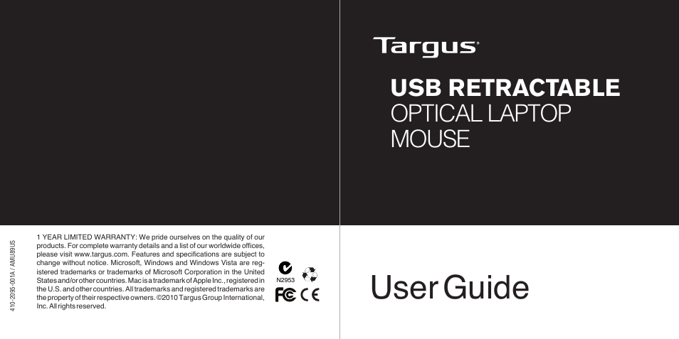 Targus USB Retractable Optical Laptop 410-2095-001A User Manual | 4 pages