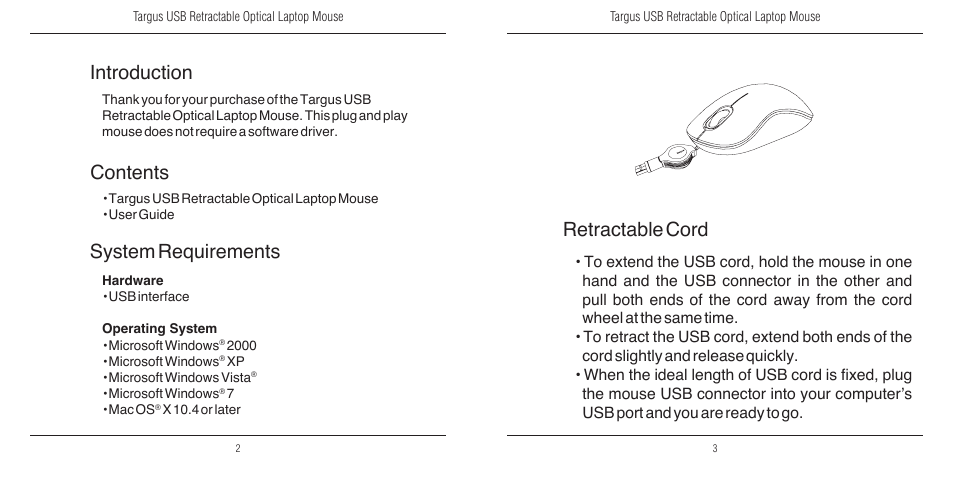Targus USB Retractable Optical Laptop 410-2095-001A User Manual | Page 2 / 4