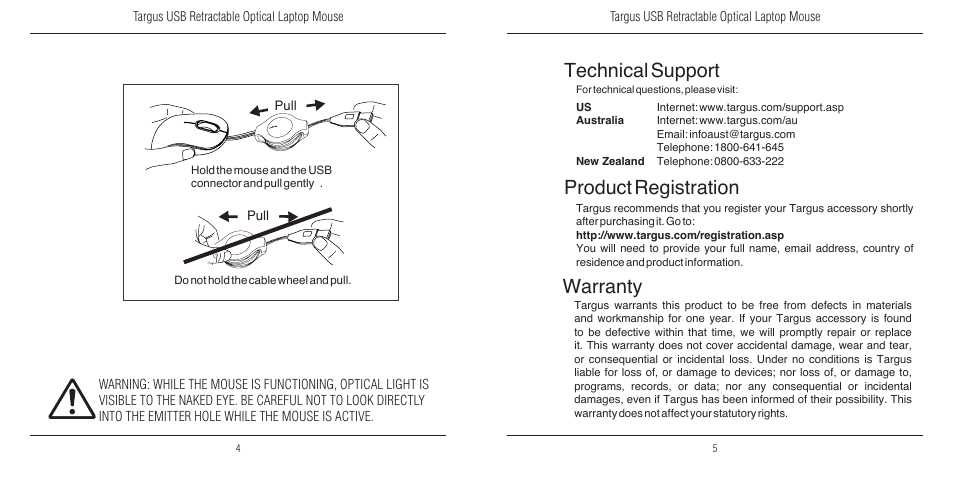 Technical support, Product registration, Warranty | Targus USB Retractable Optical Laptop 410-2095-001A User Manual | Page 3 / 4