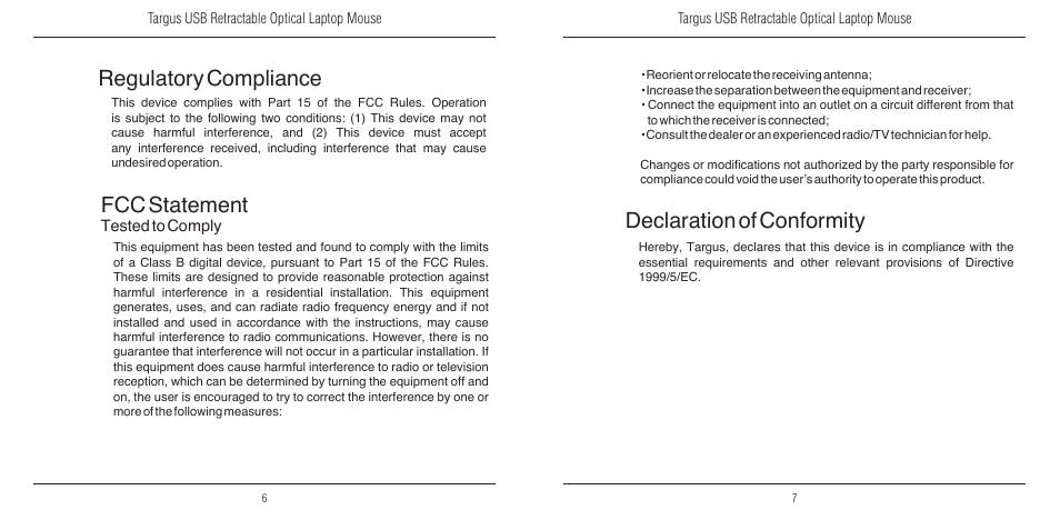 Fcc statement, Declaration of conformity, Regulatory compliance | Targus USB Retractable Optical Laptop 410-2095-001A User Manual | Page 4 / 4