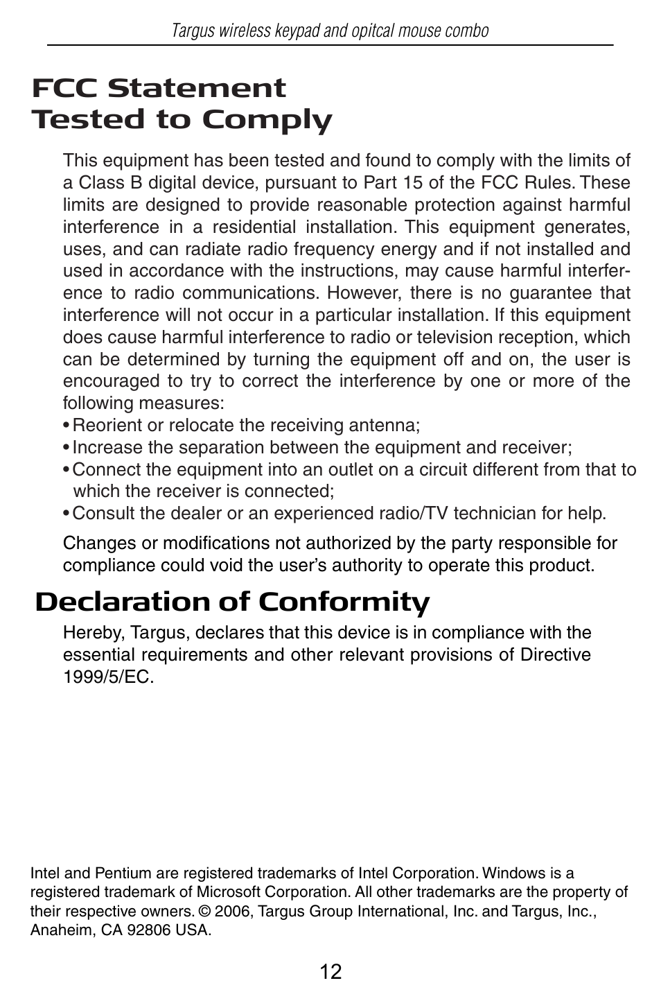 Fcc statement tested to comply, Declaration of conformity | Targus PAKP003U User Manual | Page 12 / 12