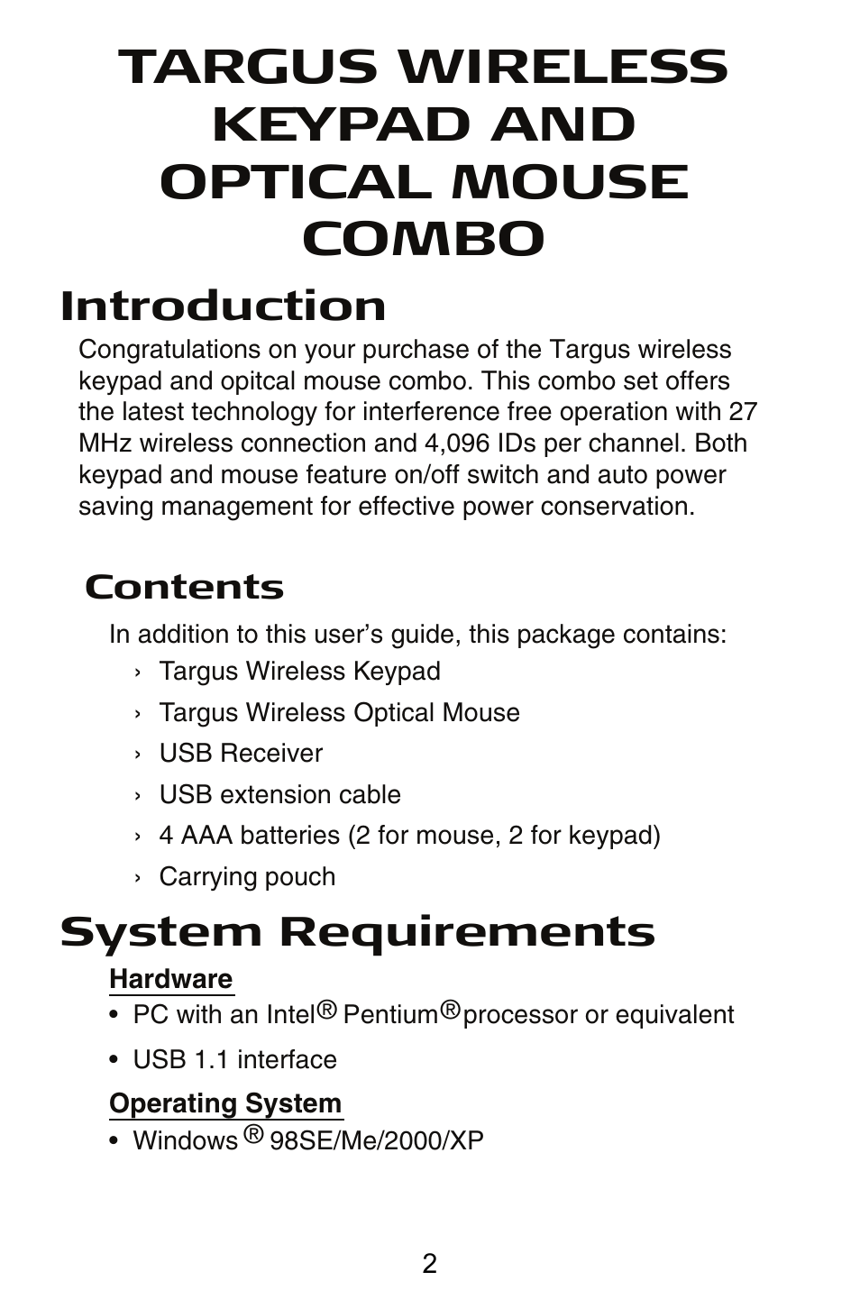 Targus wireless keypad and optical mouse combo, Introduction, System requirements | Targus PAKP003U User Manual | Page 2 / 12