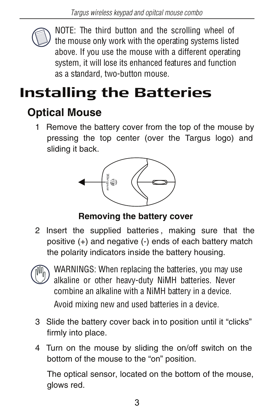 Installing the batteries, Optical mouse | Targus PAKP003U User Manual | Page 3 / 12