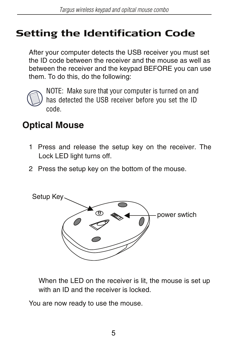 Setting the identification code, Optical mouse | Targus PAKP003U User Manual | Page 5 / 12