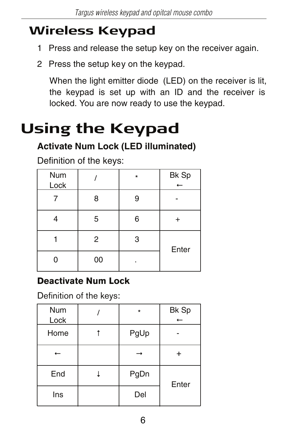 Using the keypad, Wireless keypad | Targus PAKP003U User Manual | Page 6 / 12