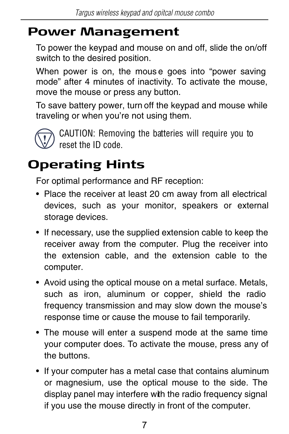 Power management, Operating hints | Targus PAKP003U User Manual | Page 7 / 12