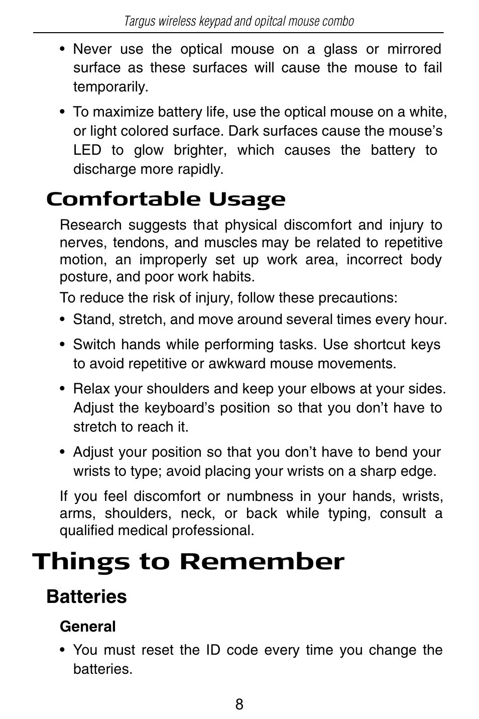 Things to remember, Comfortable usage, Batteries | Targus PAKP003U User Manual | Page 8 / 12