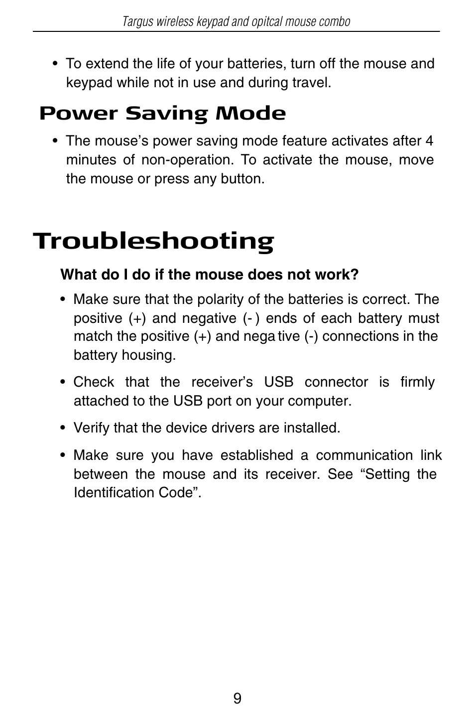 Troubleshooting, Power saving mode | Targus PAKP003U User Manual | Page 9 / 12