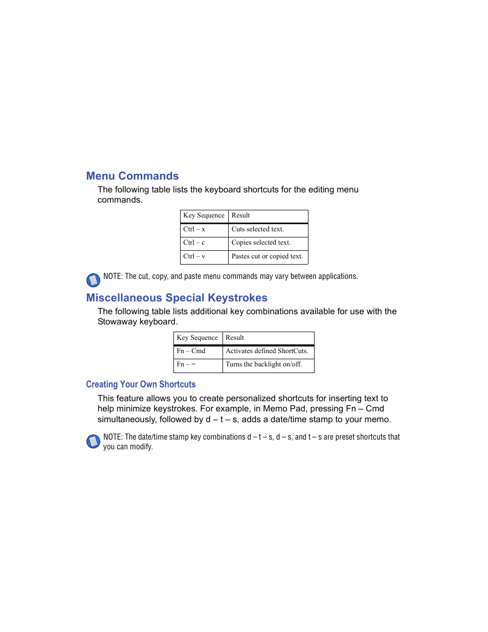 Menu commands, Miscellaneous special keystrokes, Creating your own shortcuts | 22 menu commands | Targus Stowaway User Manual | Page 26 / 37