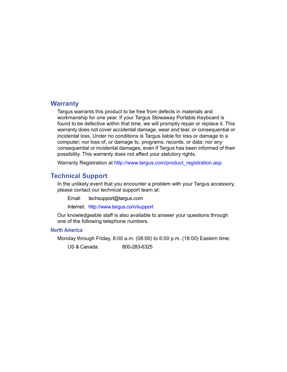 Warranty, Technical support, North america | Targus Stowaway User Manual | Page 34 / 37