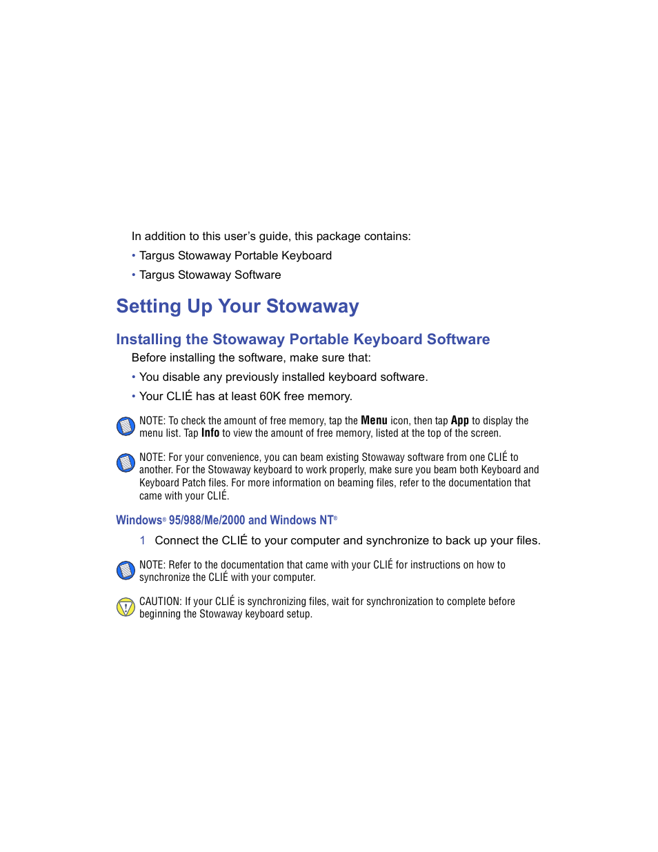 Setting up your stowaway, Installing the stowaway portable keyboard software, Windows® 95/988/me/2000 and windows nt | Targus Stowaway User Manual | Page 6 / 37