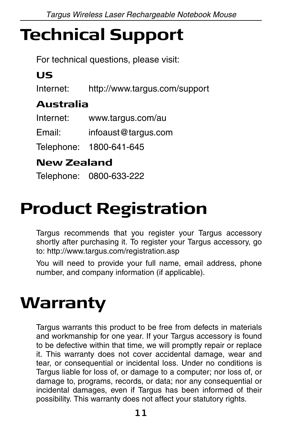 Technical support, Product registration, Warranty | Targus 410-0008-001A User Manual | Page 11 / 12