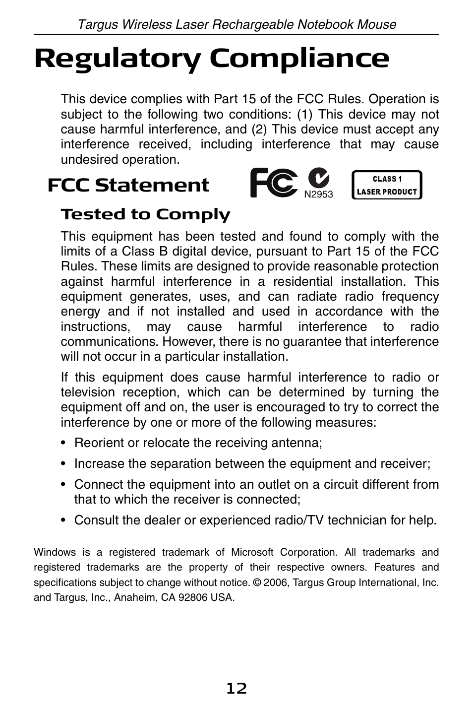 Regulatory compliance, Fcc statement | Targus 410-0008-001A User Manual | Page 12 / 12