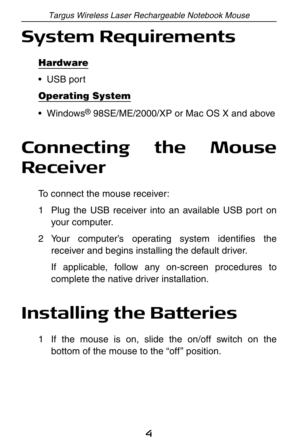 System requirements, Connecting the mouse receiver, Installing the batteries | Targus 410-0008-001A User Manual | Page 4 / 12