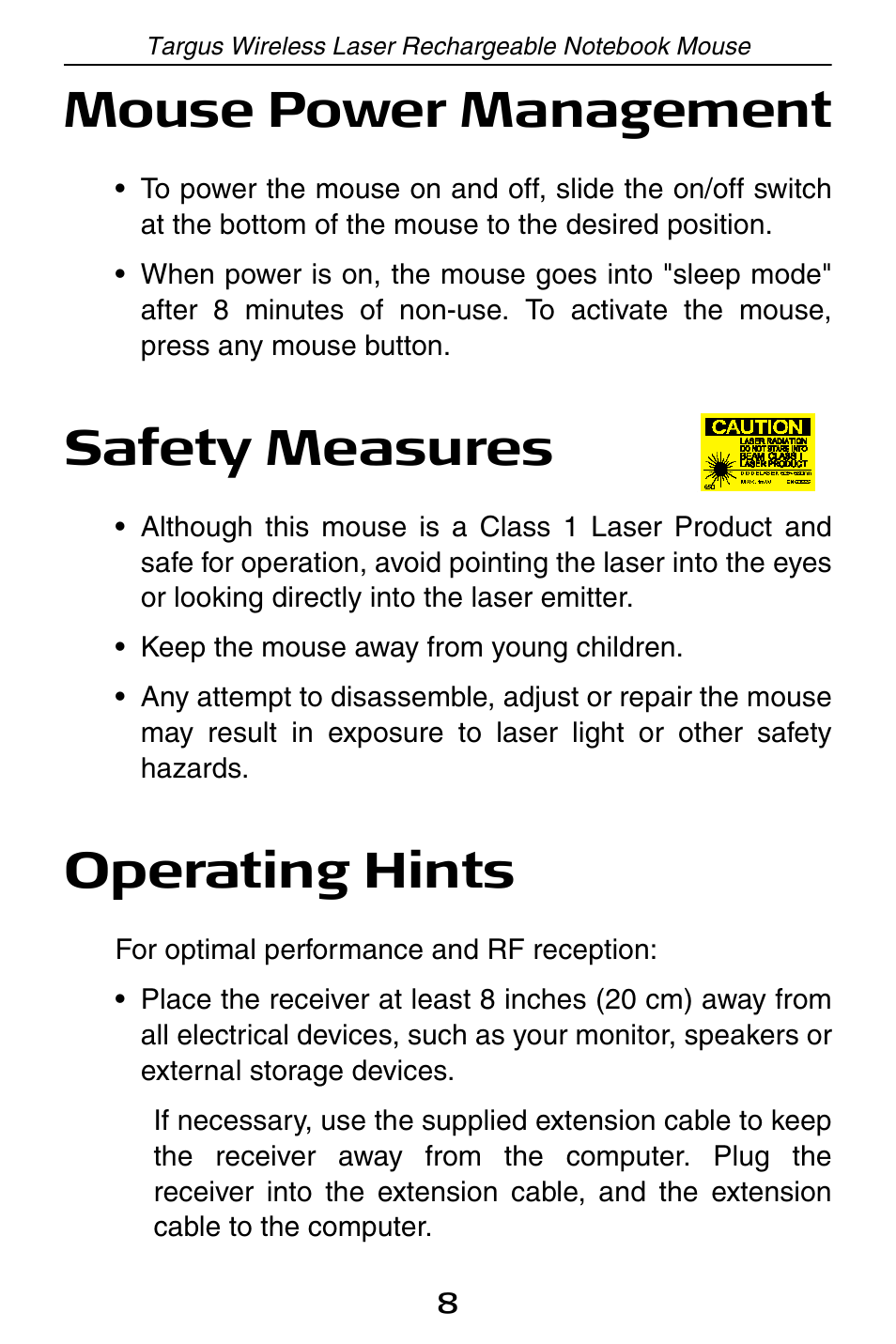 Mouse power management, Safety measures, Operating hints | Targus 410-0008-001A User Manual | Page 8 / 12
