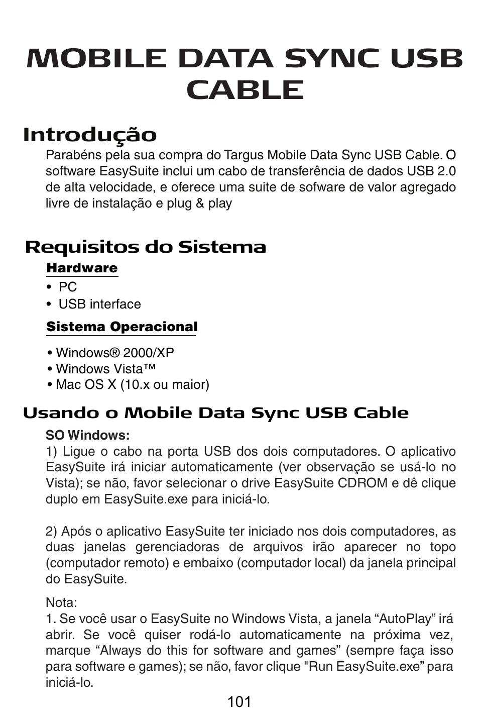 No – norsk, Mobile data sync usb cable, Introdução | Targus USB Cable User Manual | Page 101 / 155