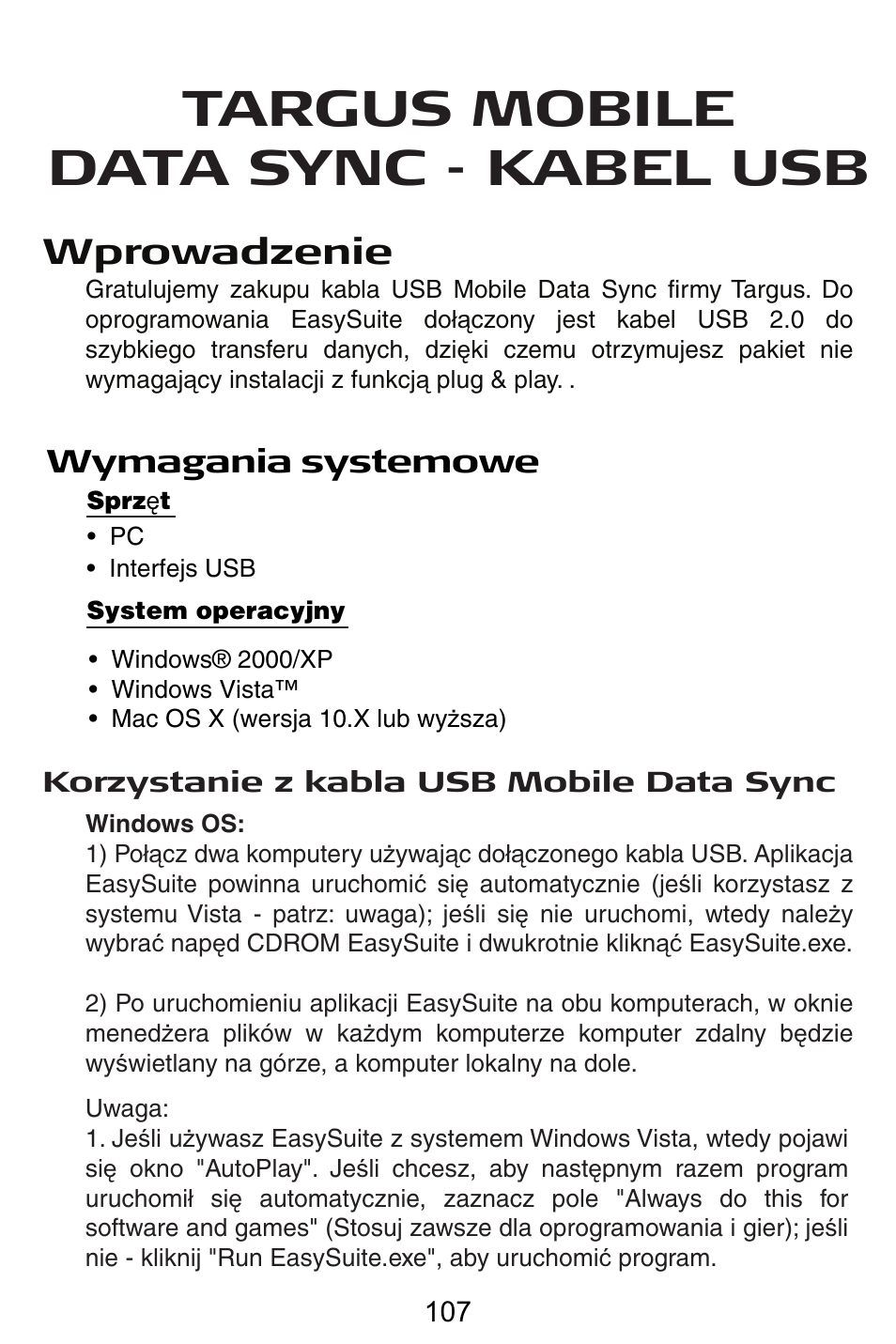 Pl – polski, Targus mobile data sync - kabel usb, Wprowadzenie | Wymagania systemowe | Targus USB Cable User Manual | Page 107 / 155