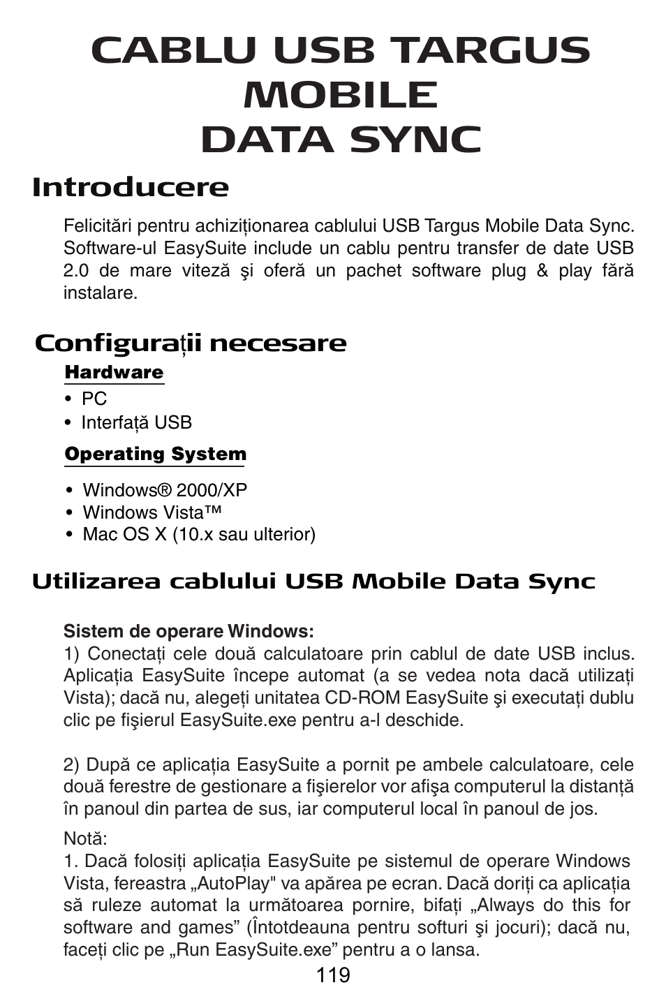 Ro – română, Cablu usb targus mobile data sync, Introducere | Configura ġ ii necesare | Targus USB Cable User Manual | Page 119 / 155