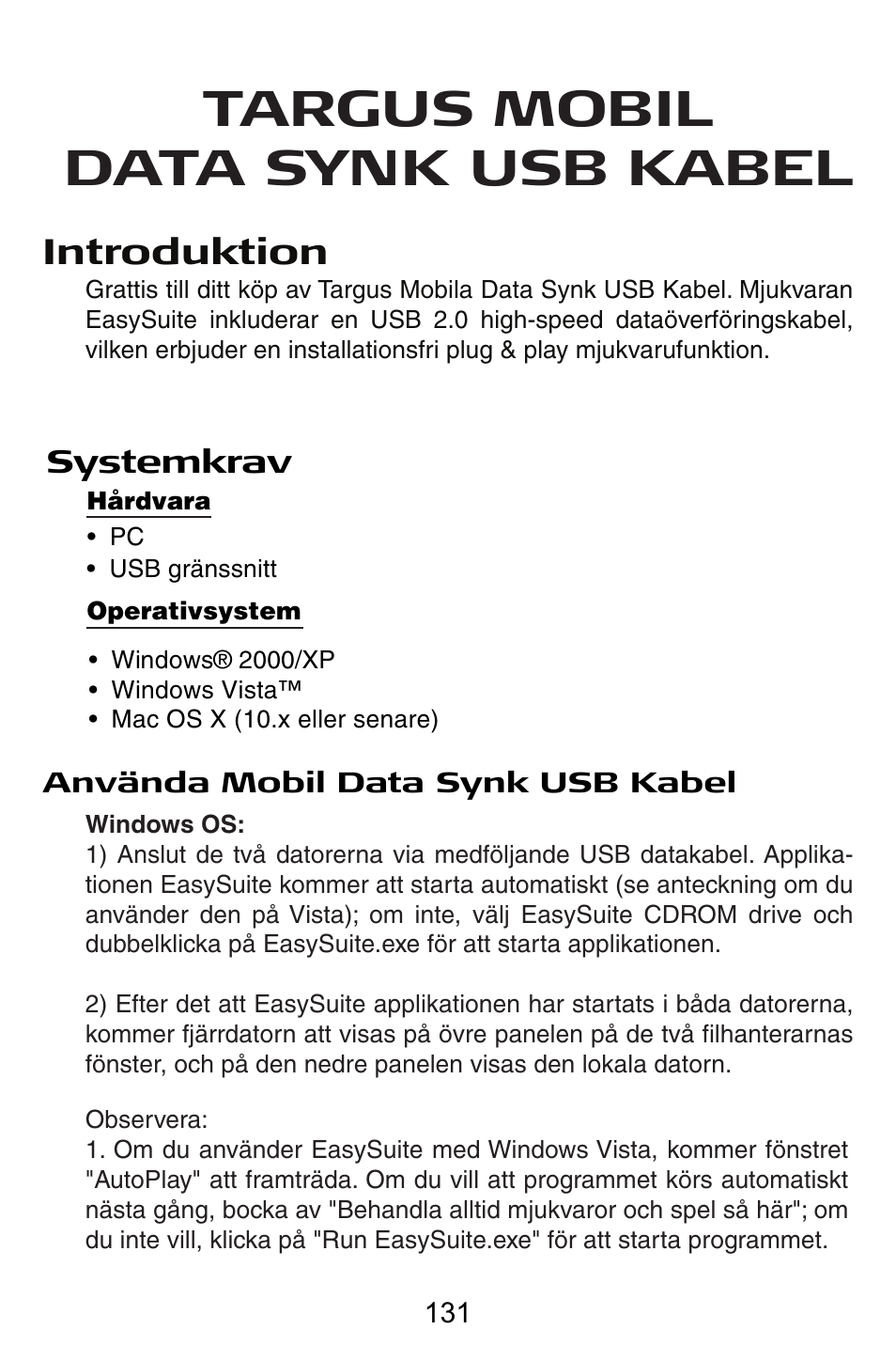 Se – svenska, Targus mobil data synk usb kabel, Introduktion | Targus USB Cable User Manual | Page 131 / 155