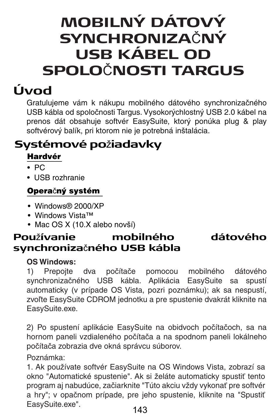 Sk – slovenčina, Úvod, Systémové po å iadavky | Targus USB Cable User Manual | Page 143 / 155